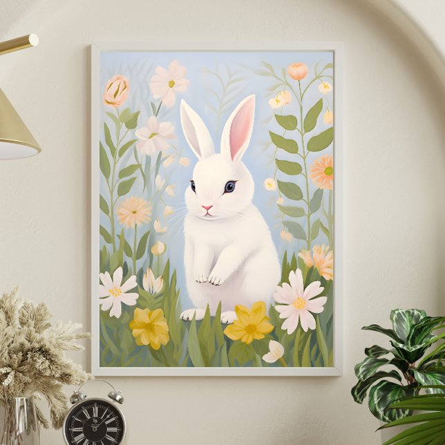 Affiche Lapin blanc dans les fleurs printanières (Créateur téléchargé)