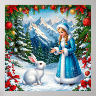 Affiche Lapin Blanc et Jeune Fille des Neiges en Forêt hiv
