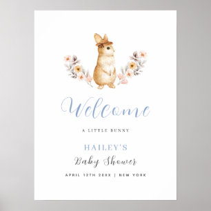Affiche Lapin Bleu Fleur Sauvage Bienvenue Baby Shower