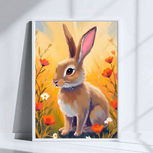 Affiche Lapin Brun Peinture Artistique Animale Champ Flora