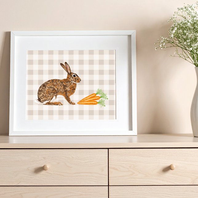 Affiche Lapin Brun Rustique Et Carottes Sur Gingham Beige (Disclaimer: This image is a digital mockup.)