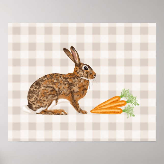 Affiche Lapin Brun Rustique Et Carottes Sur Gingham Beige (Devant)