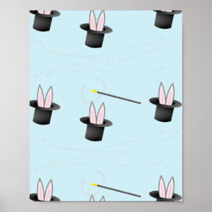 Affiche Lapin dans un casquette avec baguette magique bleu