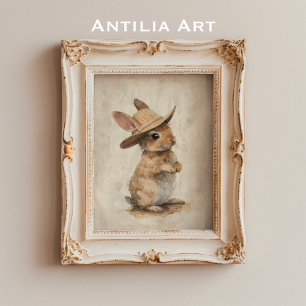 Affiche Lapin d'art animal Whimsical rustique avec Casquet