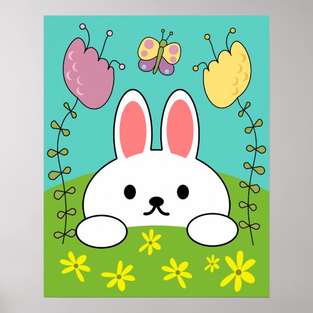 Affiche Lapin de dessin animé blanc mignon (Devant)