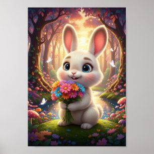 Affiche Lapin de garenne mignon avec bouquet de fleurs