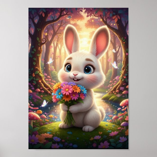 Affiche Lapin de garenne mignon avec bouquet de fleurs  (Devant)