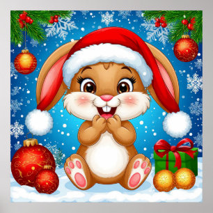 Affiche Lapin de Noël mignon portant un chapeau de Père No