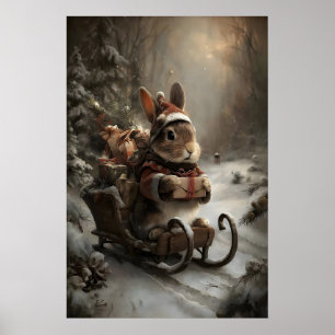 Affiche Lapin de Noël sur traîneau, Art d'animal d'hiver c
