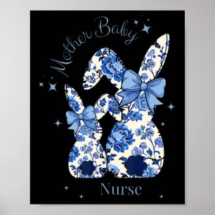 Affiche Lapin de Pâques à nœud coquet bleu floral Mère By1