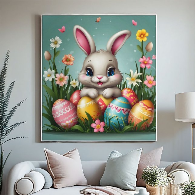 Affiche Lapin de Pâques Adorable Fleurs de Printemps Œufs  (Créateur téléchargé)