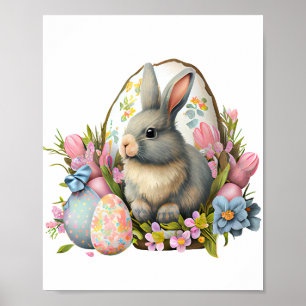 Affiche lapin de pâques avec fleurs et oeufs, fleur coloré
