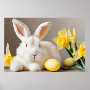 Affiche Lapin de Pâques avec jonquilles et oeufs de Pâques