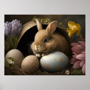Affiche Lapin de Pâques avec œufs pastel et fleurs printan