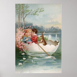 Affiche Lapin de Pâques Bateau Jeune Couple Paysage