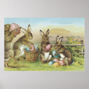 Affiche Lapin de Pâques Champ d'Œufs Peints Colorés