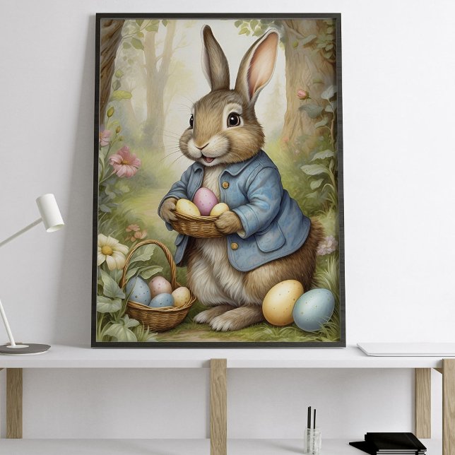 Affiche Lapin de Pâques charmant en manteau bleu en forêt  (Créateur téléchargé)