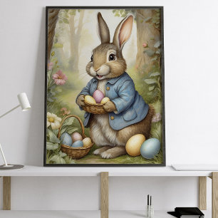 Affiche Lapin de Pâques charmant en manteau bleu en milieu