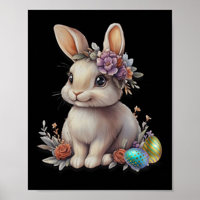 Affiche Lapin de Pâques Couronne Florale Avec Dessin D'oeu (Devant)