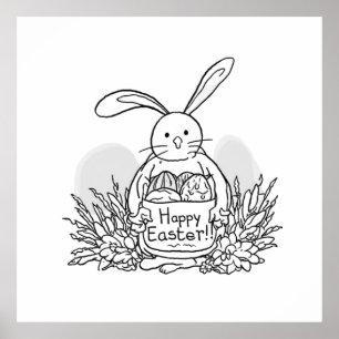 Affiche Lapin de Pâques dessiné à la main style de coloria