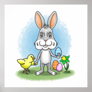 Affiche lapin de Pâques et le poulet jaune