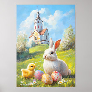 Affiche Lapin de Pâques et peinture mignonne de poulet