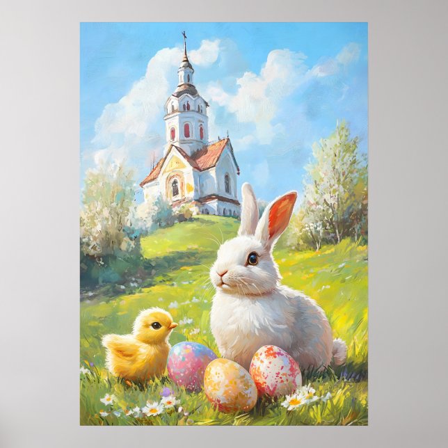 Affiche Lapin de Pâques et peinture mignonne de poulet (Devant)
