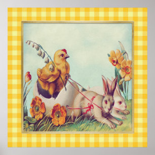Affiche Lapin de Pâques et poussin vintage à carreaux de B