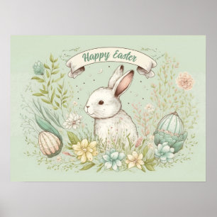 Affiche Lapin de Pâques heureux avec des florales vert sau