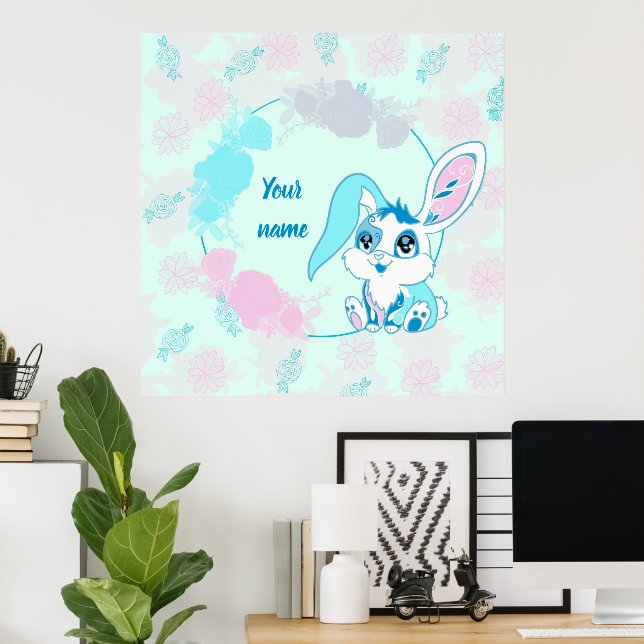 Affiche Lapin de Pâques heureux  Mignon Kawaii Bleu (Bureau à domicile)