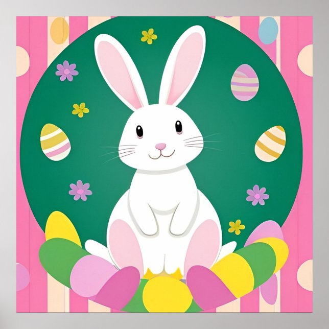 Affiche Lapin de Pâques mignon avec des œufs décoratifs (Devant)