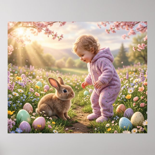 Affiche Lapin de Pâques mignon et enfant (Devant)