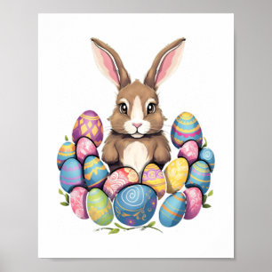 Affiche Lapin de Pâques OEufs colorés Chasse aux oeufs de