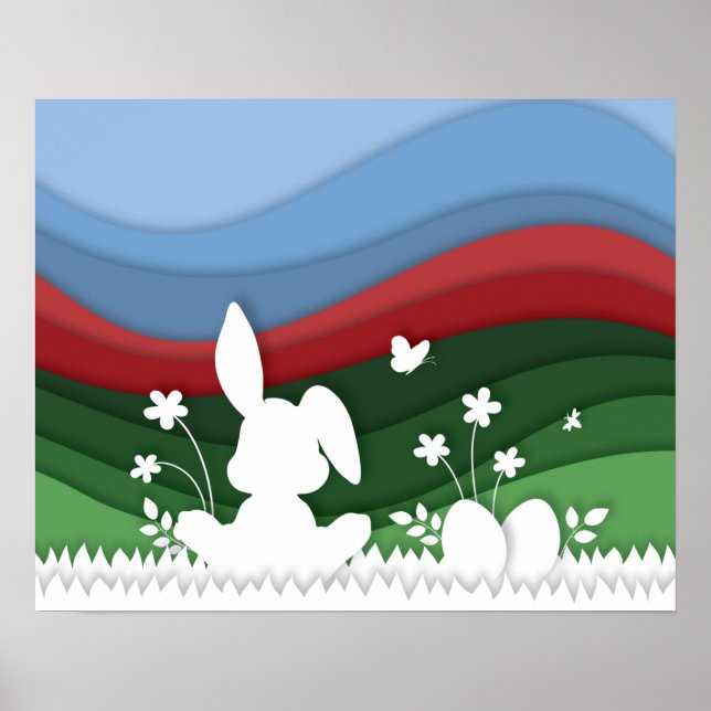 Affiche Lapin de Pâques sur la prairie vert rouge nature (Devant)