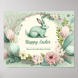 Affiche Lapin de Pâques vert sauge avec des œufs pastel ra
