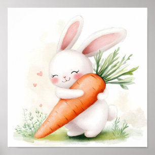 Affiche Lapin de printemps à l'aquarelle mignon Carotte