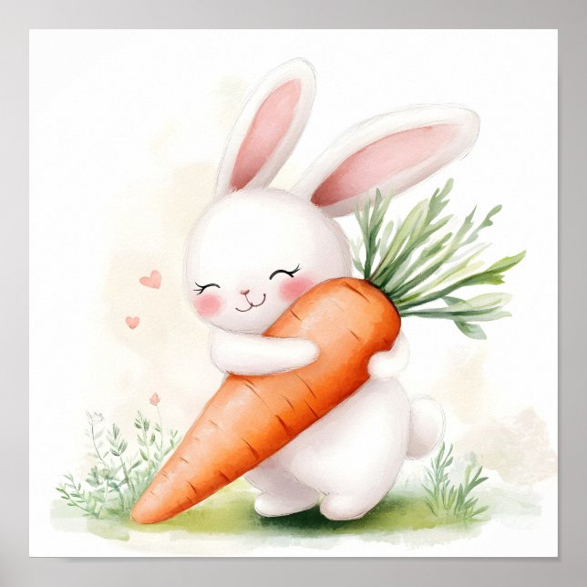Affiche Lapin de printemps à l'aquarelle mignon Carotte (Devant)