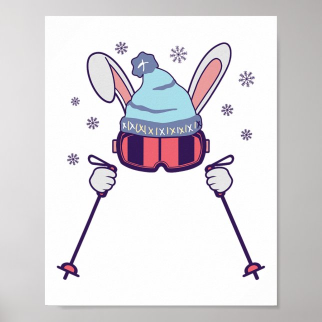 Affiche Lapin de ski avec lunettes et bonnet de ski Hiver  (Devant)