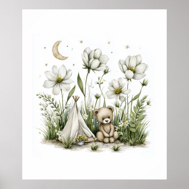 Affiche Lapin de watercolor mignon avec lune et étoiles (Devant)