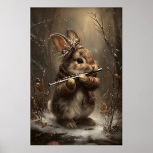 Affiche Lapin d'hiver jouant de la flûte dans une impressi