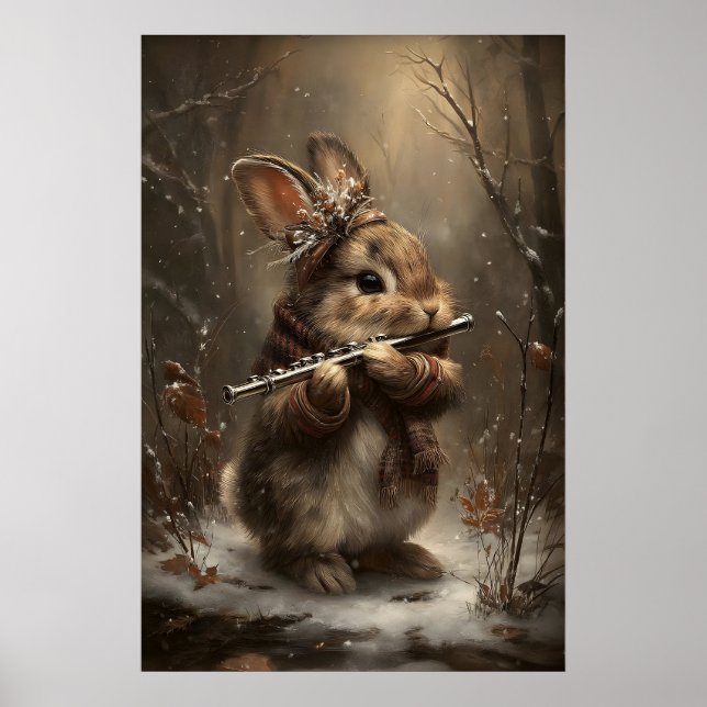 Affiche Lapin d'hiver jouant de la flûte dans une impressi (Devant)
