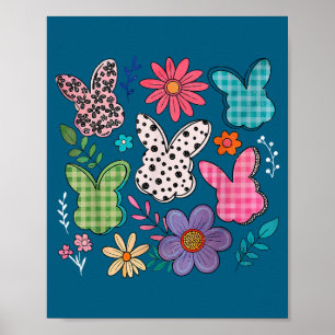 Affiche Lapin drôle floral Lapin Œufs Joyeuses Pâques Rétr