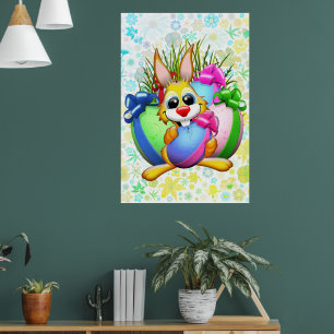 Affiche Lapin drôle mordant un œuf de Pâques