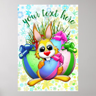 Affiche Lapin drôle mordant un œuf de Pâques