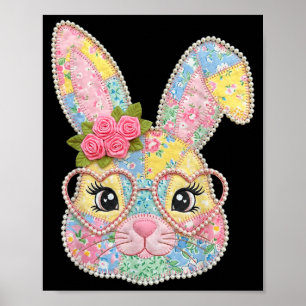 Affiche Lapin drôle visage lunettes patchwork floral lapin
