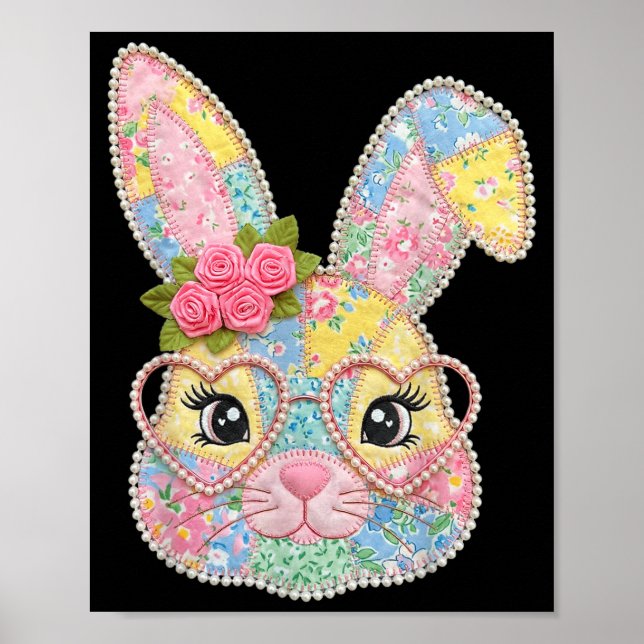 Affiche Lapin drôle visage lunettes patchwork floral lapin (Devant)