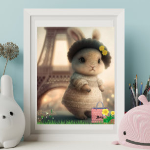 Affiche Lapin en robe blanche Tour Eiffel Personnalisé