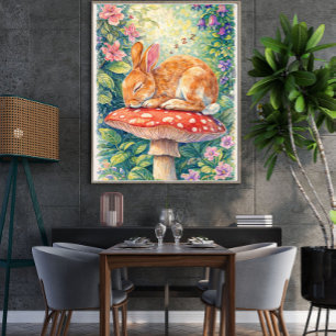 Affiche Lapin endormi sur un champignon – Bois fantaisiste