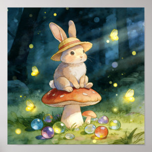 Affiche Lapin Fantaisiste Mignon sur Champignon Forêt Magi
