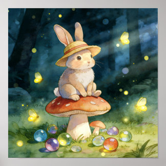 Affiche Lapin Fantaisiste Mignon sur Champignon Forêt Magi